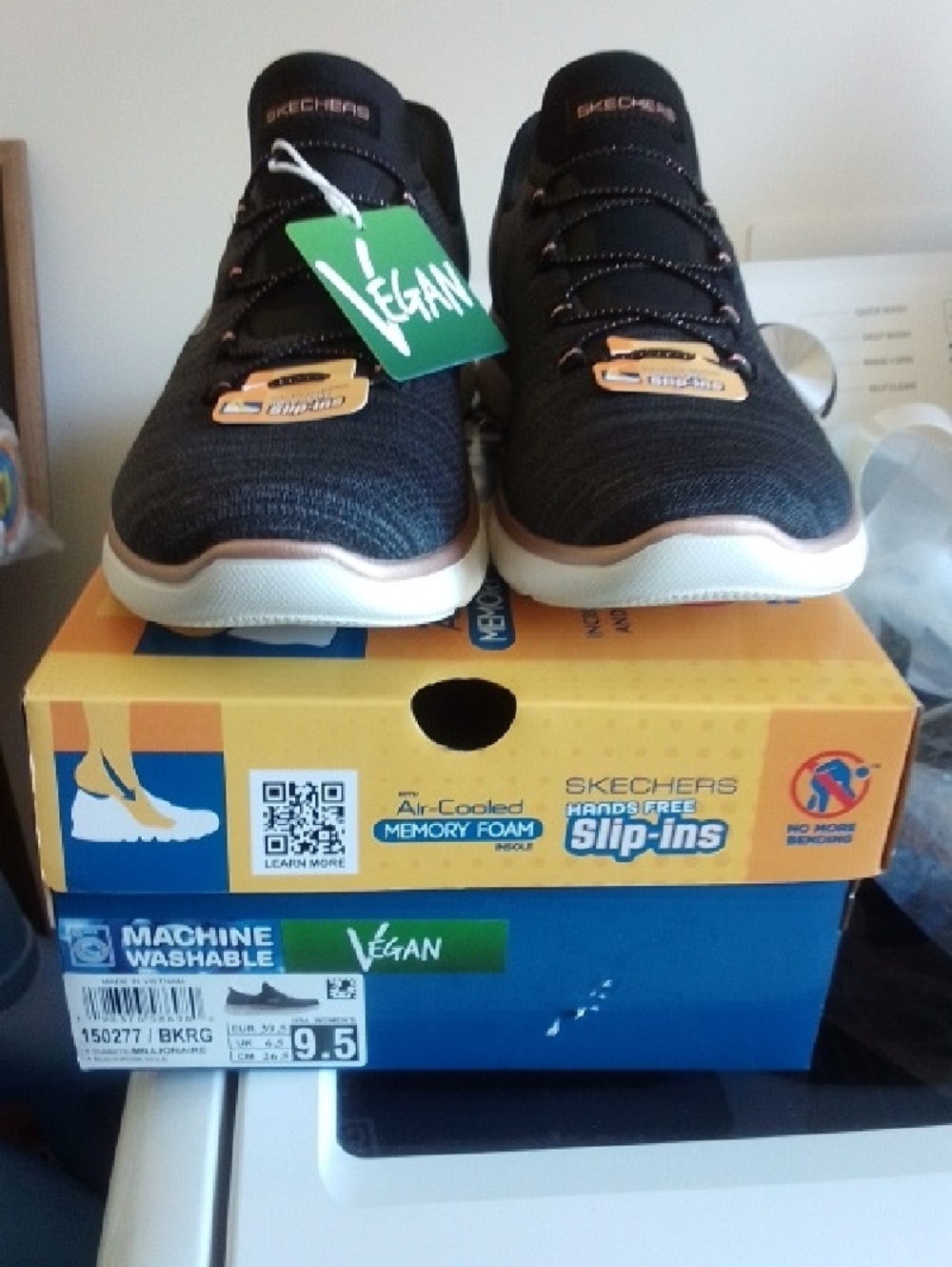 Skechers Women’s Black Knit Slip-On Sneakers with Beige Trim